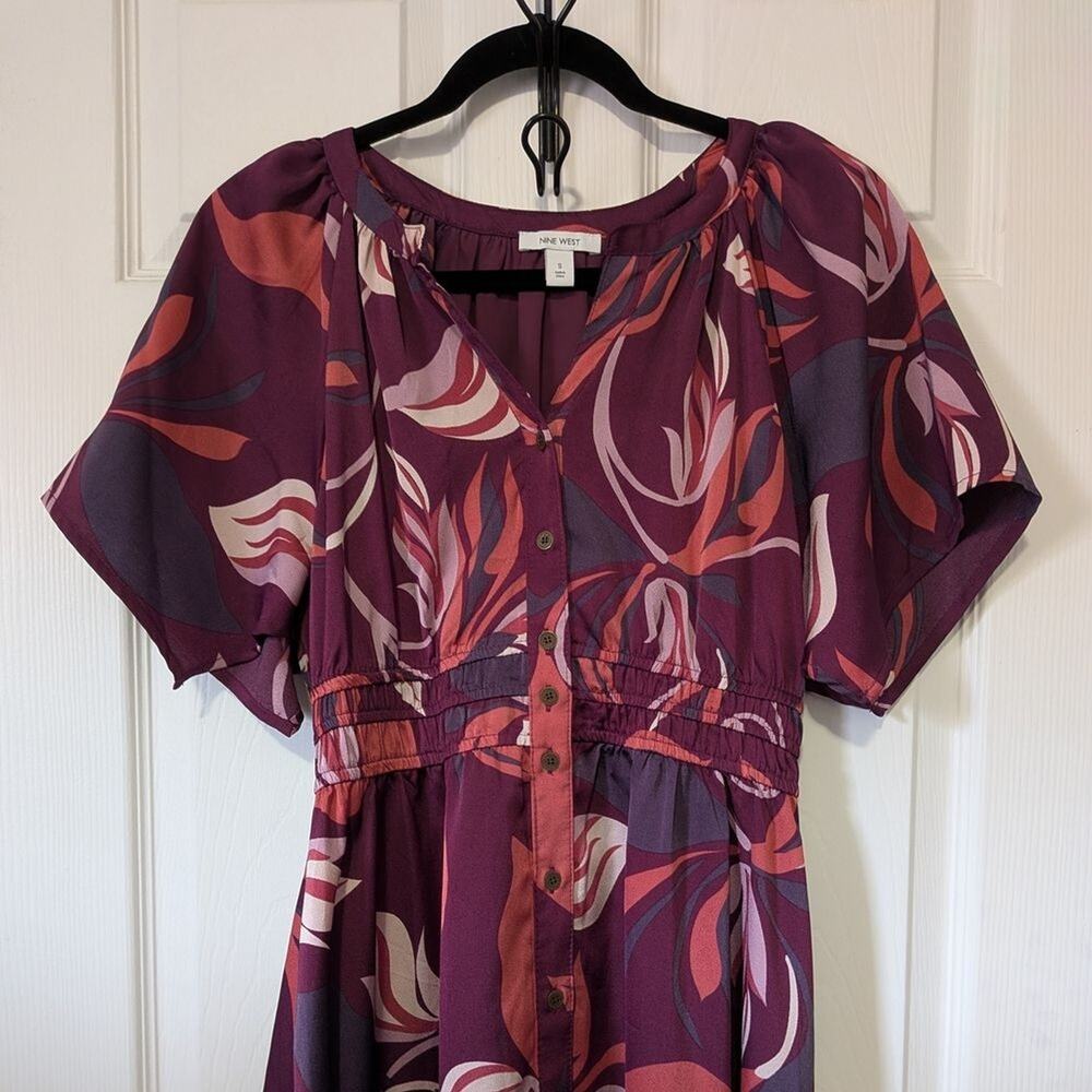 Nine West Plum Burgundy Floral Handkerchief Hem Midi Shirt Dress Small Pockets
